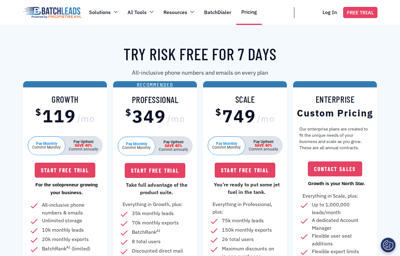 BatchLeads pricing page, captured August 26, 2026