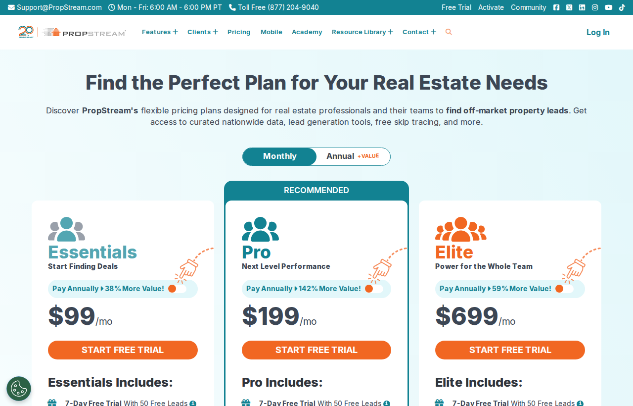 PropStream pricing page, captured August 26, 2026