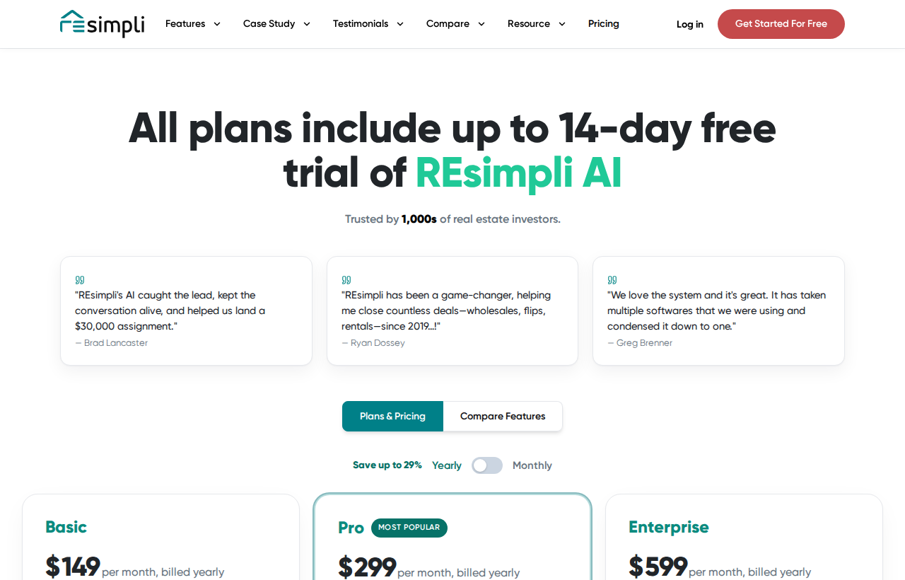 REsimpli pricing page, captured August 26, 2026
